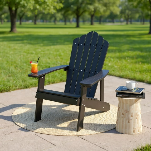 Resenkos Folding Adirondack Chair, Weather Resistant HIPS Outdoor Adirondack Chair with Cup Holder-Black,Patio Chairs, Lawn Chairs for Deck, Backyard, Garden