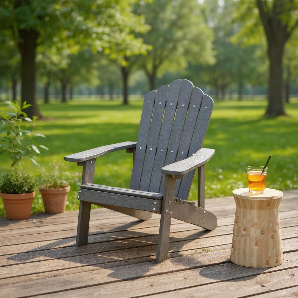 Resenkos Folding Adirondack Chair, Weather Resistant HIPS Outdoor Adirondack Chair with Cup Holder-Gray,Patio Chairs, Lawn Chairs for Deck, Backyard, Garden