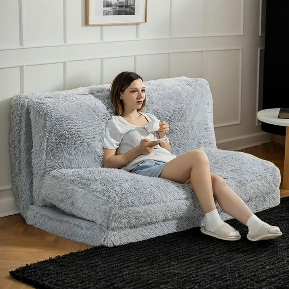 Resenkos Folding Chair Bed with Pillow, Modern Linen Sleeper Sofa Bed, No Assembly Required, Light Gray