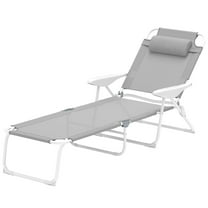 Resenkos Folding Chaise Lounge, Outdoor Sun Tanning Chair, 4-Position Reclining Back, Armrests, Removable Pillow, Light Gray