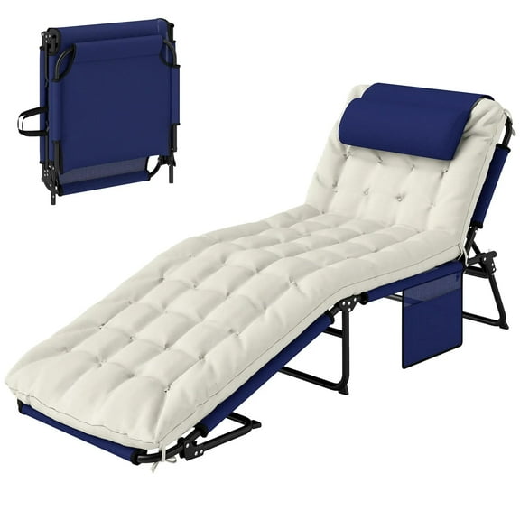 Resenkos Folding Chaise Lounge Pool Chair With 4-Level Reclining Back, Cushion, Side Pocket, Headrest, Blue