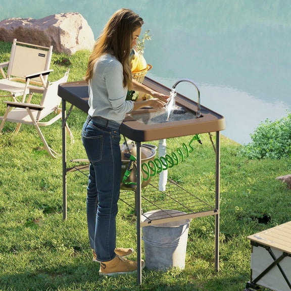 Resenkos Folding Fish Cleaning Table, Portable Camping Table with Faucet, Drainage Hose, Sprayer and Shelf, Brown