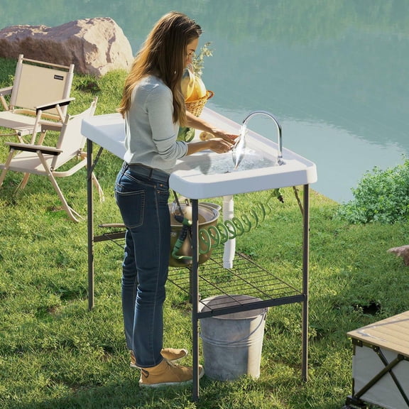 Resenkos Folding Fish Cleaning Table, Portable Camping Table with Faucet, Drainage Hose, Sprayer and Shelf, White