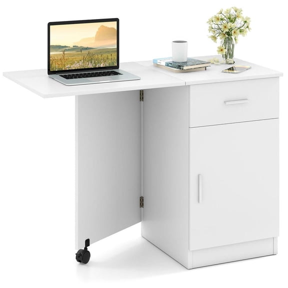 Resenkos Folding Mobile Computer Desk with Storage Drawer and Cabinet for Home Office - White