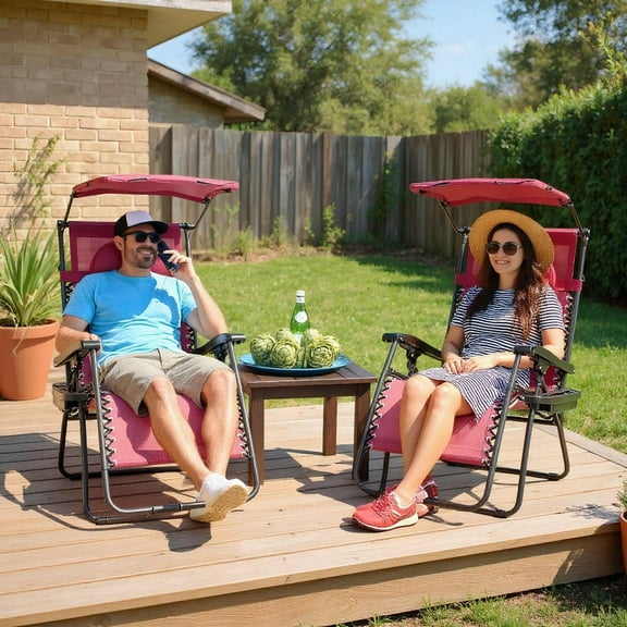 Resenkos Folding Recliner Lounge Chair with Shade Canopy Cup Holder-Dark Red, Adjustable Zero Gravity Lounge Chair
