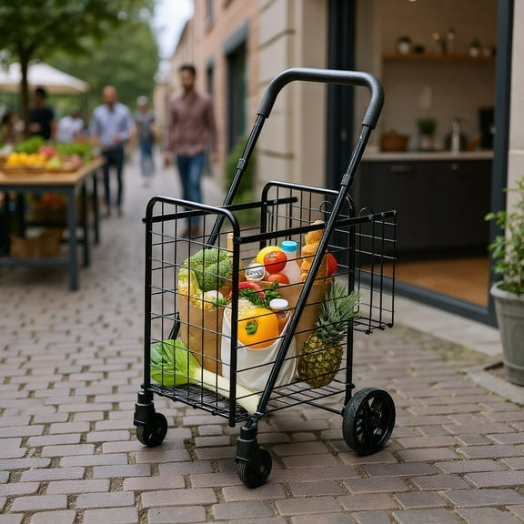 Resenkos Folding Shopping Cart Basket Rolling Trolley with Adjustable Handle-Black, Shopping Carts for Groceries, Heavy Duty Folding Shopping Cart with Wheels, Portable Collapsible Grocery Cart