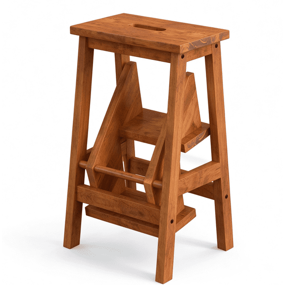 Resenkose Folding Stool, Step Ladder,3-in-1 Rubber Wood Step Stool with Convenient Handle-Dark Brown