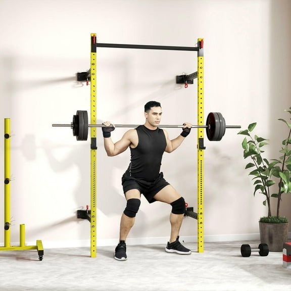 Resenkos Folding Wall-Mounted Squat Rack with Pull-Up Bar, 1000lb Load Capacity - Yellow