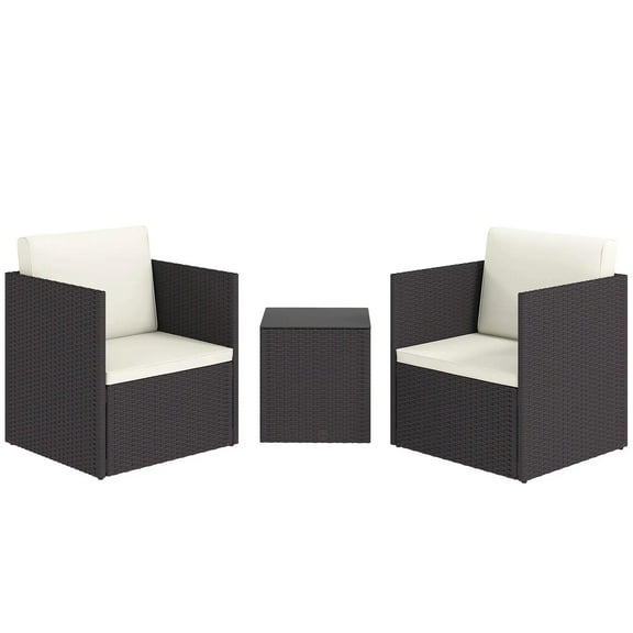 Resenkos Folding Wicker Bistro Set, Cushions and Glass Coffee Table for Porch, Balcony, Brown