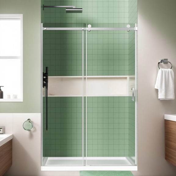 Resenkos Frameless Adjustable Shower Door, 48x72 Inches, Tempered Glass, Left or Right Opening, Silver Finish