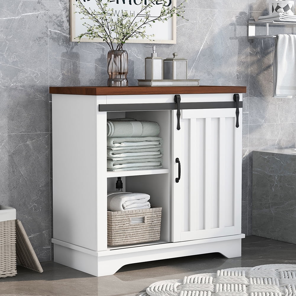 Resenkos Freestanding Bathroom Storage Cabinet,White Sliding Barn Door, Thick Top, Adjustable Shelf, White and Brown