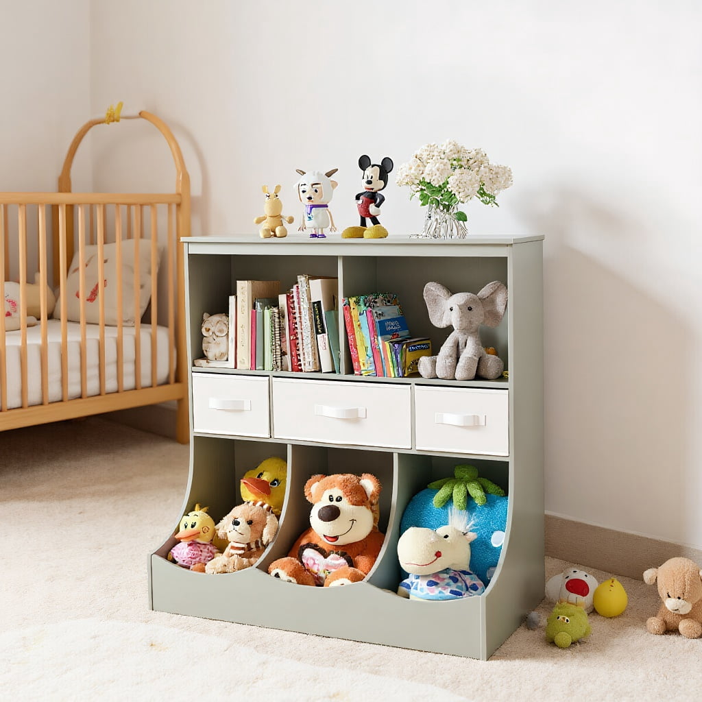 Resenkos Freestanding Combo Cubby Bin Storage Organizer Unit W/3 Baskets-Gray, Kids Toy Storage for Kids, Boys, Girls, Nursery