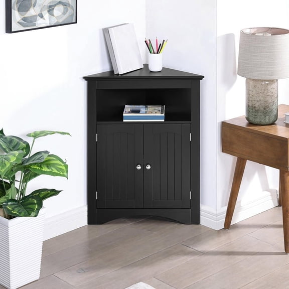 Resenkos Freestanding Corner Cabinet, Multi-Room Storage Unit with Doors and Shelves, Black