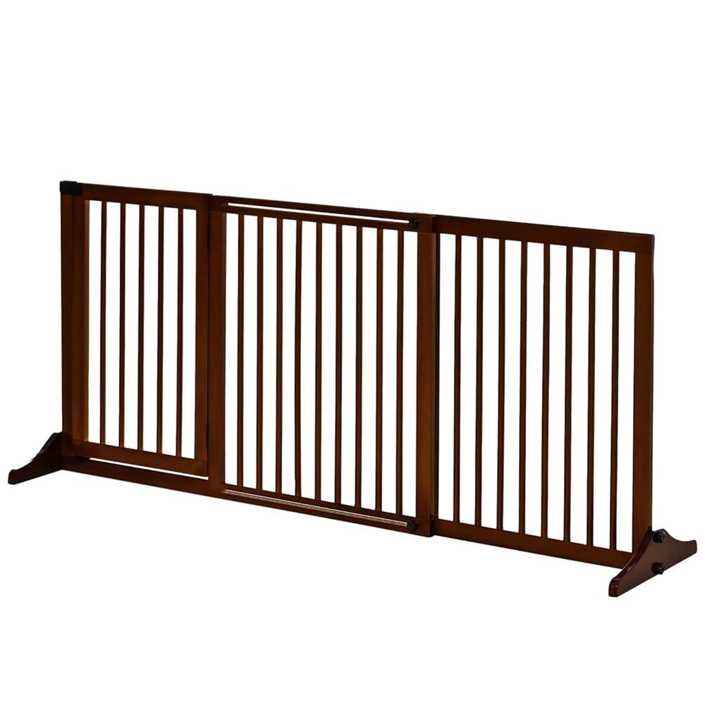 Resenkos Freestanding Length Adjustable Wooden Pet Gate with Lockable Door 3 Panels, Brown