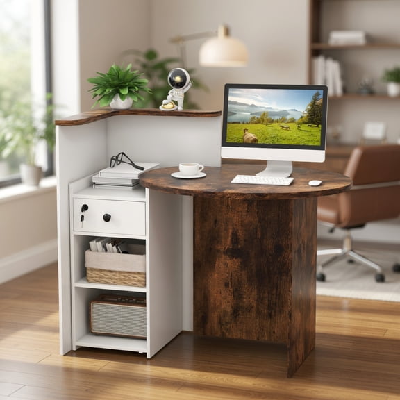 Resenkos Front Reception Office Desk with Open Shelf and Lockable Drawer-Brown & White, Home Office Desks, Gaming Computer Desks for Study,Working,Writing