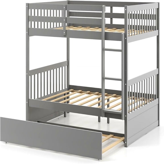 Resenkos Full Over Full Bunk Bed with Sturdy Wooden Platform Construction, Features a Built-in Ladder and a Space-Saving Design for Shared Rooms, Gray