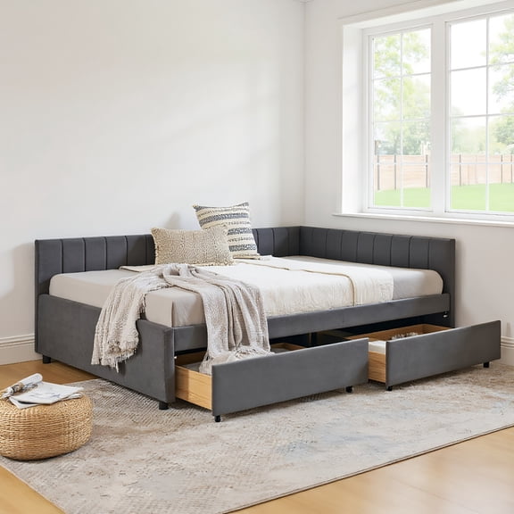 Resenkos Full Size 79.5''x58''x25'' Upholstered Tufted Bed Frame, Sofa Bed Frame with 2 Drawers, Comfortable Backrest & Armrests, Velvet, Gray
