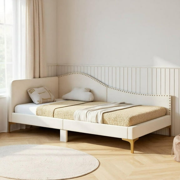 Resenkos Full/Twin Size Upholstered Daybed with Metal Legs and Wood Slats-Twin Size