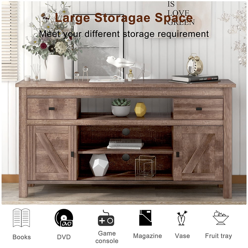 Resenkos Functional Particleboard TV Stand with Two Drawers and Open Style Shelves Sliding Doors and Adjustable Shelf, Barnwood