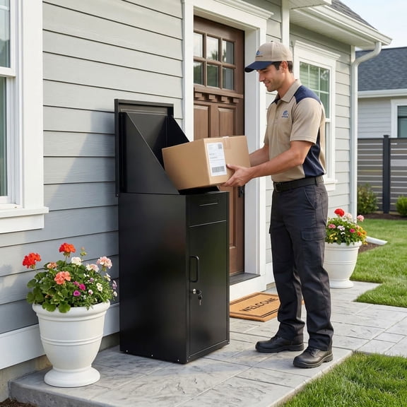 Resenkos Galvanized Steel Curbside Parcel Box with Security Panel, Anti-Theft Package Delivery Box with Lockable Door for Residential Use, Black
