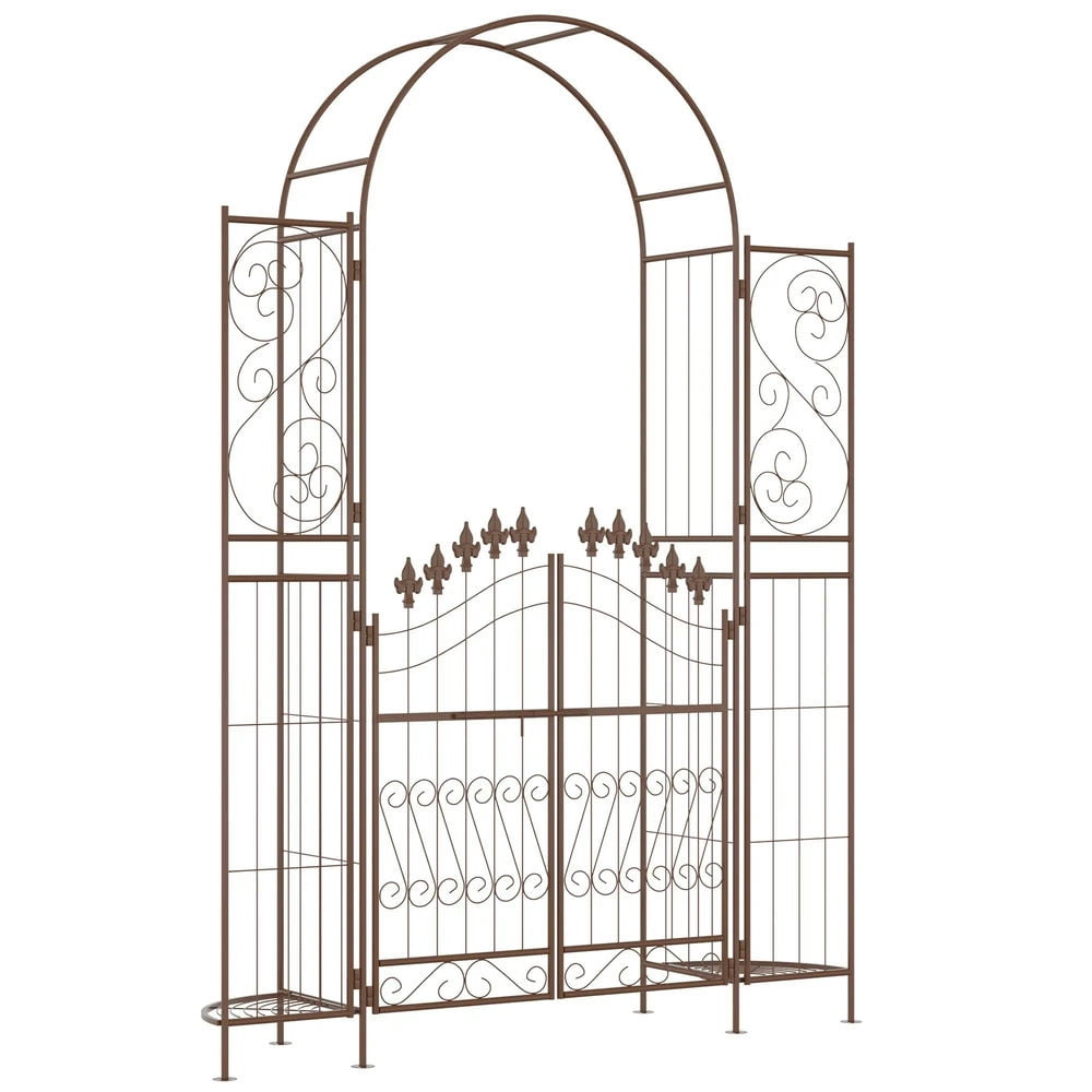 Resenkos Garden Arch Plant Support Trellis,7' Metal Garden Arbor, Garden Arch with Gate, Latching Doors, Planter Shelves, Brown Resenkos Garden Arch Plant Support Trellis,7' Metal Garden Arbor, Garden Arch with Gate, Latching Doors, Planter Shelves, Brown