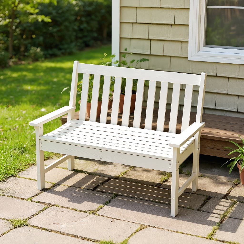 Resenkos Garden Bench, Patio Bench, 52 Inch All-Weather HDPE Outdoor Bench with Backrest and Armrests-White
