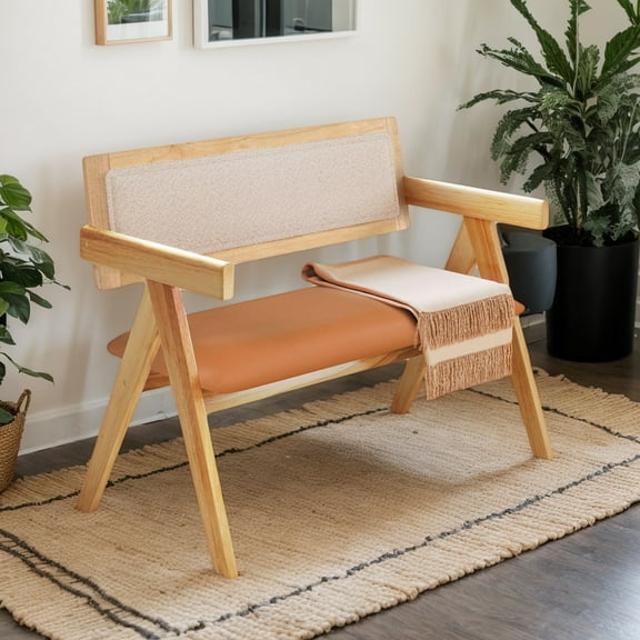 Resenkos Garden Bench, Patio Bench, Rubber Wood Dining Bench with Armrest Sherpa Upholstered Backrest and Soft-padded Seat-Natural