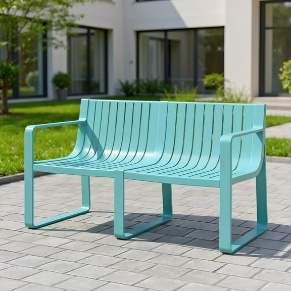 Resenkos Garden Bench, Patio Bench,Weather-resistant Plastic 2-Person Bench with Curved Backrest-Blue