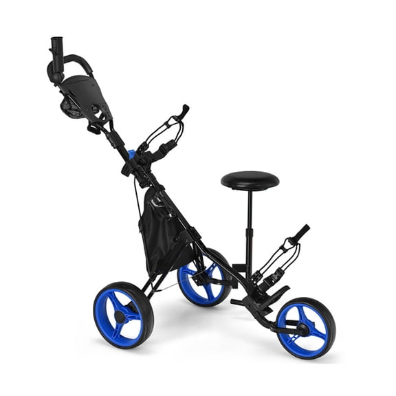 Resenkos Golf Carry Cart,Golf Stand Cart,3 Wheels Folding Golf Push Cart with Seat Scoreboard and Adjustable Handle-Blue