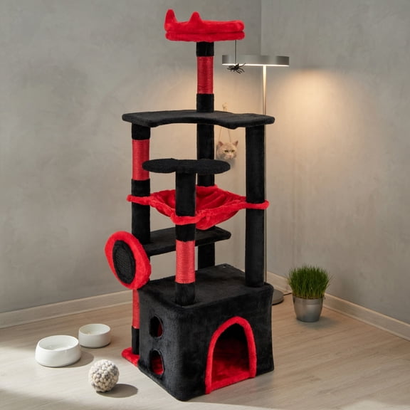 Resenkos Gothic Style Cat Tree with Plush Perch and Spider Toy, Black & Red