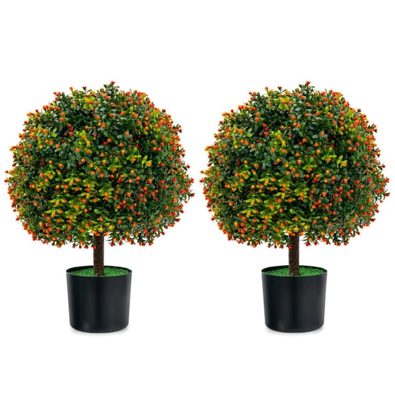 Resenkos Greenery Decor,2-Pack Artificial Boxwood Topiary Ball Tree with Orange Fruit