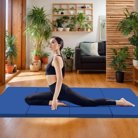 Resenkos Gymnastics Mat, Exercise Tumbling Mat,4-Panel PU Leather Folding Exercise Mat with Carrying Handles-Navy