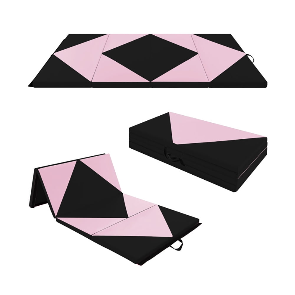 Resenkos Gymnastics Mat, Exercise Tumbling Mat,8 Feet PU Leather Folding Gymnastics Mat with Hook and Loop Fasteners-Black & Pink