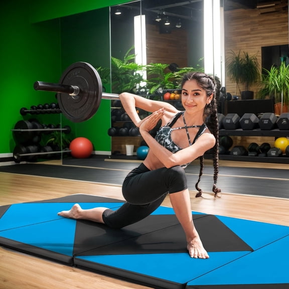 Resenkos Gymnastics Mat, Exercise Tumbling Mat,8 Feet PU Leather Folding Gymnastics Mat with Hook and Loop Fasteners-Blue