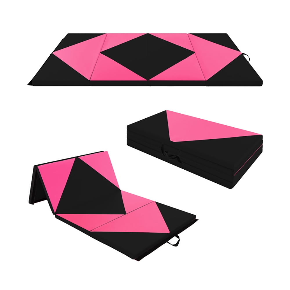 Resenkos Gymnastics Mat, Exercise Tumbling Mat,8 Feet PU Leather Folding Gymnastics Mat with Hook and Loop Fasteners-Heart Pink