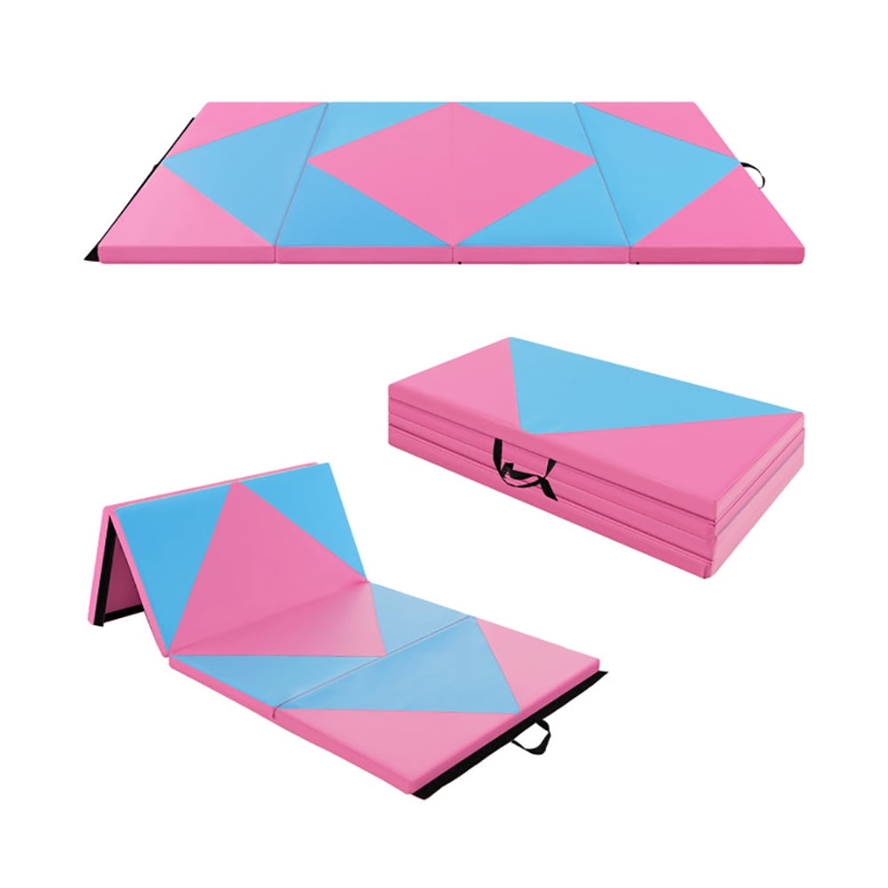 Resenkos Gymnastics Mat, Exercise Tumbling Mat,8 Feet PU Leather Folding Gymnastics Mat with Hook and Loop Fasteners-Pink & Blue