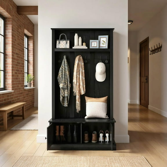 Resenkos Hall Tree, Entryway Bench with Coat Rack, Black