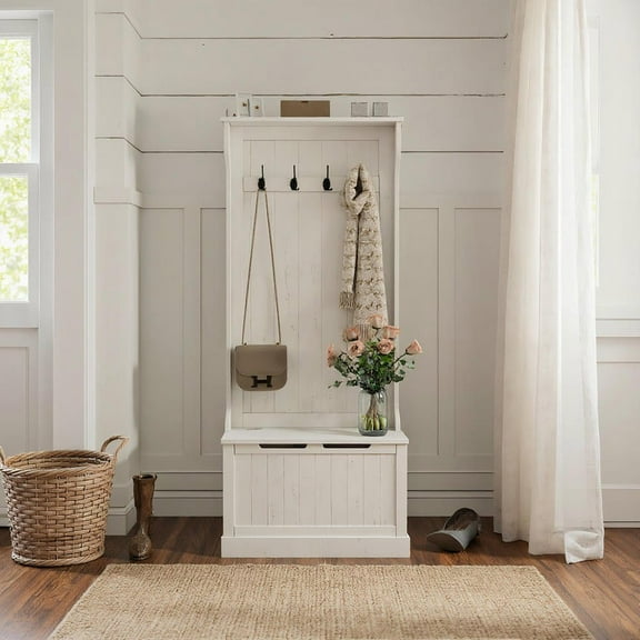 Resenkos Hall Tree - with Coat Rack, Storage & Sitting Bench, Cream White