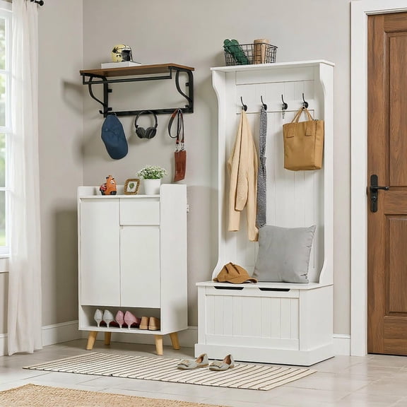 Resenkos Hall Tree - with Coat Rack, Storage Space & Sitting Bench, White