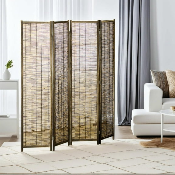 Resenkos Hand Woven 4-Panel Folding Room Divider - Indoor Reed Privacy Screen, 63"x67"x0.75", Brown