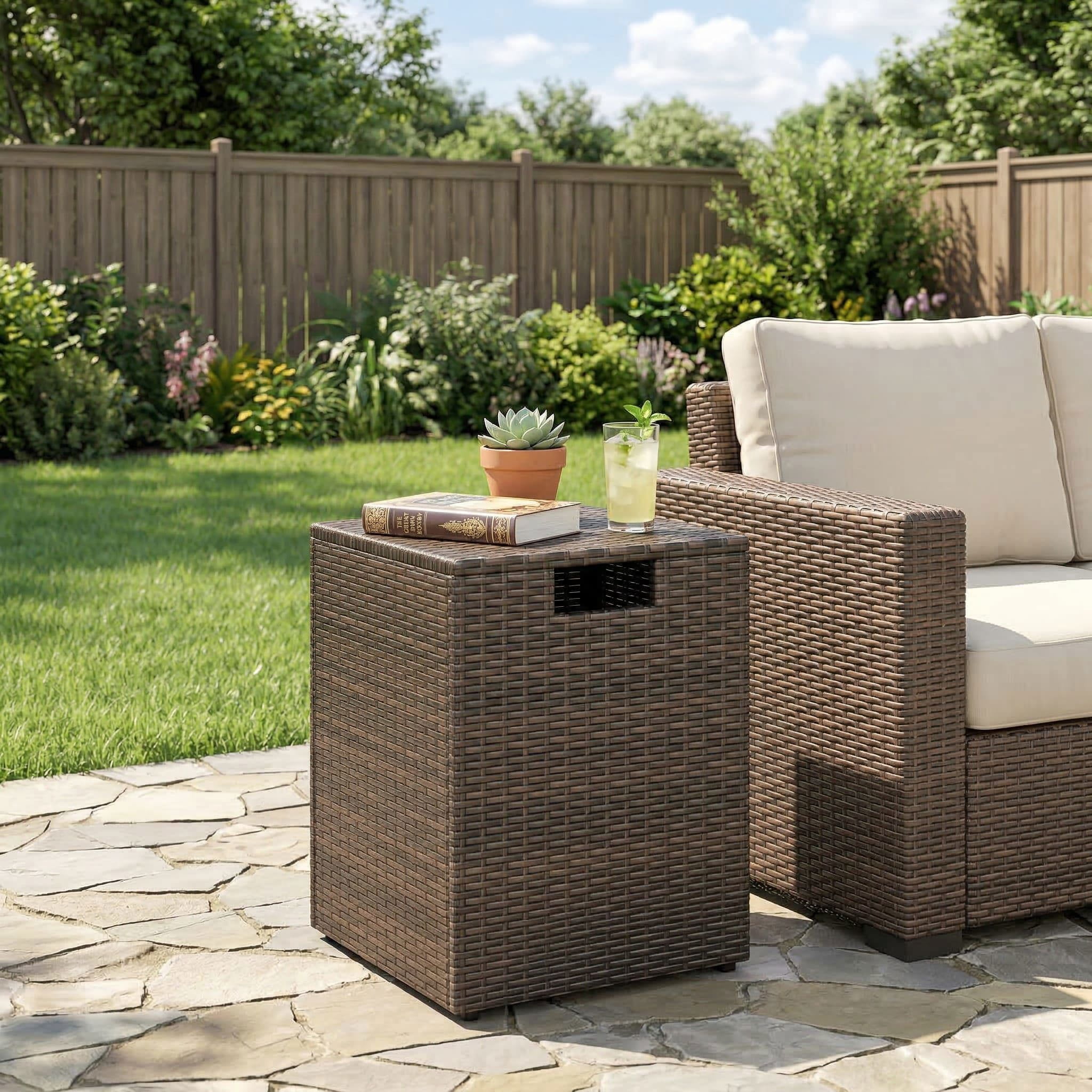 Resenkos Handwoven Rattan Propane Tank Cover, 2 in 1 Patio Hideaway Side Table for 20lb Gas Tank Storage and Outdoor Decor, Brown