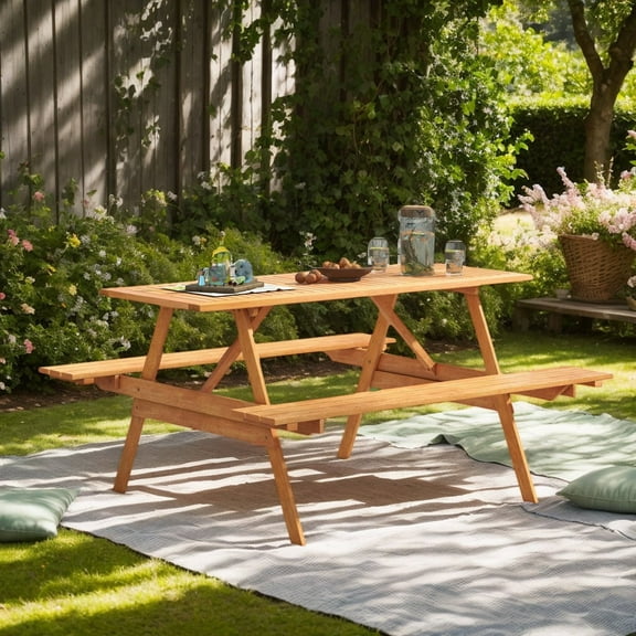 Resenkos Hardwood Picnic Table with 2 Built-in Benches and Umbrella Hole, Natural