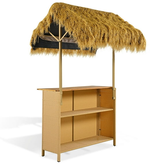 Resenkos Hawaiian Design Outdoor Bar Set, PE Wicker & Acacia Wood, 125 LBS Table Capacity, 250 LBS Stool Capacity