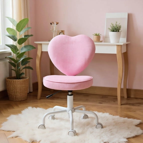 Resenkos Heart Love Shaped Back Design Office Chair With Adjustable Height, 360-Degree Rotating Wheels, Assembly Required, Linen, Pink
