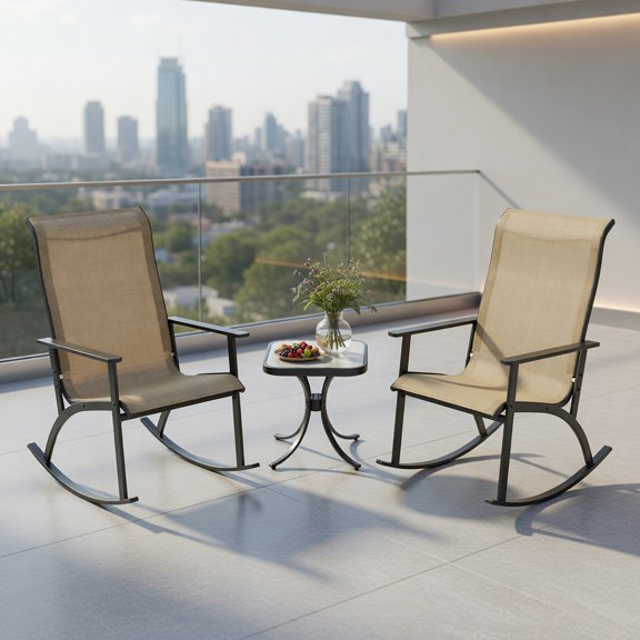 Resenkos Heavy-Duty Outdoor Rocking Bistro Set 2 High-Back Metal Rocking Chairs + Wood-Look DPC Side Table, Brown & Black, 330 lb Capacity, Porch & Patio Ready