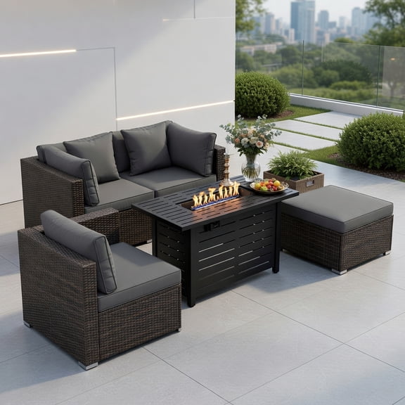 Resenkos Heavy-Duty PE Rattan Outdoor Sofa Set with 60000 BTU Fire Pit Table Gray & Brown, Includes Corner Sofas, Armless Sofa, Ottoman, Cushions & Pillows