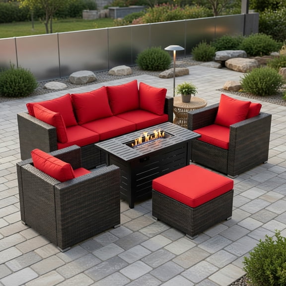 Resenkos Heavy-Duty PE Rattan Outdoor Sofa Set with 60,000 BTU Fire Pit Table – Mix Brown Frame, Black/Gray/Navy/Off-White/Red/Turquoise Cushions