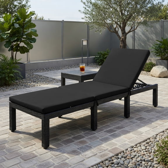 Resenkos Height-Adjustable Outdoor Rattan Lounge Chair with Dual Cushion Covers PE Wicker & Steel Frame, Navy/Off-White, Red/Off-White, Black/Turquoise Options