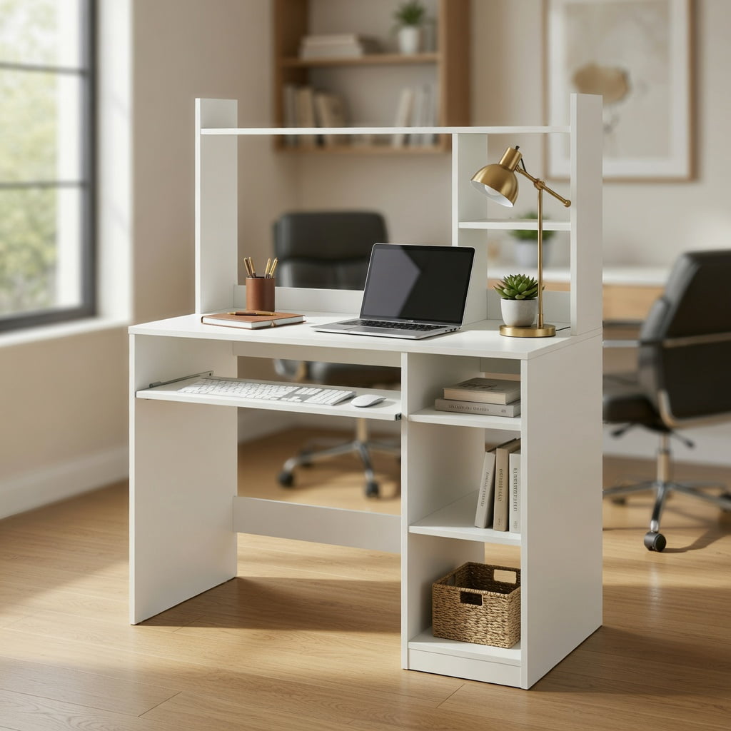 Resenkos Home Office Computer Desk with Bookcase Keyboard Tray and CPU ...