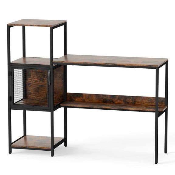Resenkos Home Office Computer Desk with Built-In Bookshelf and Storage Cabinet - Rustic Brown/Black